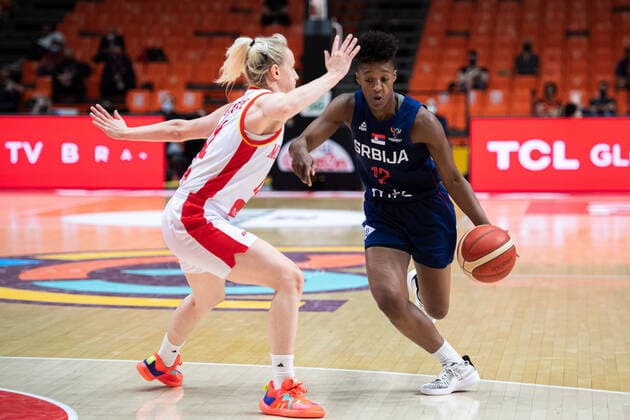 210620 Yvonne Anderson of Serbia during the FIBA Women s Eurobasket match between Montenegro and Serbia on June 20, 2021 in Valencia Photo Maxim ThorÃ BILDBYRAN kod MT MT0191 basket basketball national team fiba women s eurobasket basket em Montenegro Serbien serbia dam bbeng dag 4,  Copyright: MAXIMxTHORE BB210620MT020