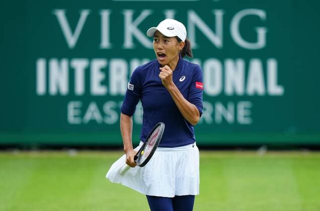 Mandatory Credit: Photo by Dave Shopland BPI Shutterstock (12115545d) Shuai Zhang celebrates Viking International Championships, Day Two, Tennis, Eastbourne, East Sussex, UK - 20 June 2021 EDITORIAL USE ONLY No use with unauthorised audio, video, data, fixture lists, club league logos or live services. Online in-match use limited to 120 images, no video emulation. No use in betting, games or single club league player publications. Viking International Championships, Day Two, Tennis, Eastbourne, East Sussex, UK - 20 June 2021 EDITORIAL USE ONLY No use with unauthorised audio, video, data, fixture lists, club league logos or live services. Online in-match use limited to 120 images, no video emulation. No use in betting, games or single club league player publications. Copyright: xDavexShopland BPI Shutterstockx 12115545d