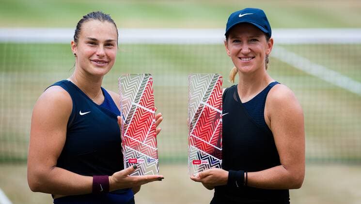 Mandatory Credit: Photo by Rob Prange Shutterstock (12072943h) Victoria Azarenka & Aryna Sabalenka of Belarus with their trophies after winning the doubles final of the 2021 bett1open WTA, Tennis Damen 500 tennis tournament bett1open Tournament, Tennis, Berlin, Germany - 20 Jun 2021 bett1open Tournament, Tennis, Berlin, Germany - 20 Jun 2021  Copyright: xRobxPrange Shutterstockx 12072943h