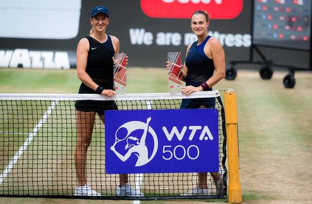 Mandatory Credit: Photo by Rob Prange Shutterstock (12072943k) Victoria Azarenka & Aryna Sabalenka of Belarus with their trophies after winning the doubles final of the 2021 bett1open WTA, Tennis Damen 500 tennis tournament bett1open Tournament, Tennis, Berlin, Germany - 20 Jun 2021 bett1open Tournament, Tennis, Berlin, Germany - 20 Jun 2021  Copyright: xRobxPrange Shutterstockx 12072943k