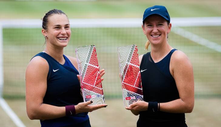 Mandatory Credit: Photo by Rob Prange Shutterstock (12072943m) Victoria Azarenka & Aryna Sabalenka of Belarus with their trophies after winning the doubles final of the 2021 bett1open WTA, Tennis Damen 500 tennis tournament bett1open Tournament, Tennis, Berlin, Germany - 20 Jun 2021 bett1open Tournament, Tennis, Berlin, Germany - 20 Jun 2021  Copyright: xRobxPrange Shutterstockx 12072943m