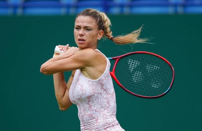 Mandatory Credit: Photo by Dave Shopland BPI Shutterstock (12115545u) Camila Giorgi from Italy action during her final qualifying round win Viking International Championships, Day Two, Tennis, Eastbourne, East Sussex, UK - 20 June 2021 EDITORIAL USE ONLY No use with unauthorised audio, video, data, fixture lists, club league logos or live services. Online in-match use limited to 120 images, no video emulation. No use in betting, games or single club league player publications. Viking International Championships, Day Two, Tennis, Eastbourne, East Sussex, UK - 20 June 2021 EDITORIAL USE ONLY No use with unauthorised audio, video, data, fixture lists, club league logos or live services. Online in-match use limited to 120 images, no video emulation. No use in betting, games or single club league player publications. Copyright: xDavexShopland BPI Shutterstockx 12115545u