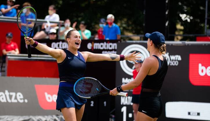Mandatory Credit: Photo by Rob Prange Shutterstock (12072943v) Aryna Sabalenka & Victoria Azarenka of Belarus in action during the doubles final of the 2021 bett1open WTA, Tennis Damen 500 tennis tournament bett1open Tournament, Tennis, Berlin, Germany - 20 Jun 2021 bett1open Tournament, Tennis, Berlin, Germany - 20 Jun 2021  Copyright: xRobxPrange Shutterstockx 12072943v