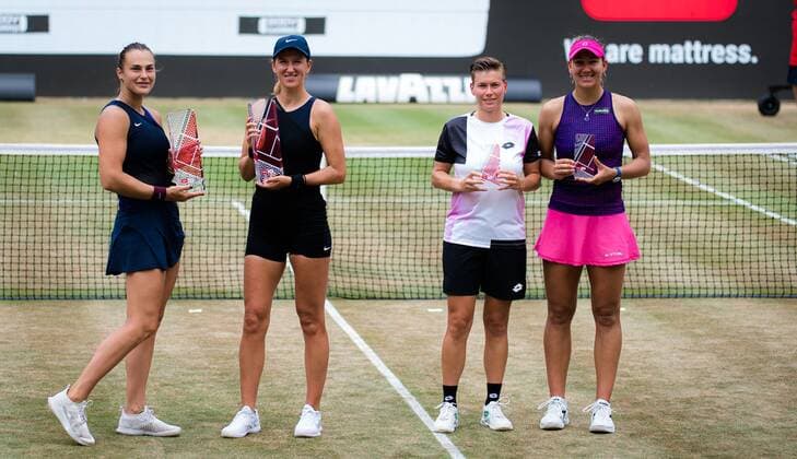 Mandatory Credit: Photo by Rob Prange Shutterstock (12072943p) Victoria Azarenka & Aryna Sabalenka of Belarus and Demi Schuurs of the Netherlands & Nicole Melichar of the United States with their trophies after the doubles final of the 2021 bett1open WTA, Tennis Damen 500 tennis tournament bett1open Tournament, Tennis, Berlin, Germany - 20 Jun 2021 bett1open Tournament, Tennis, Berlin, Germany - 20 Jun 2021  Copyright: xRobxPrange Shutterstockx 12072943p