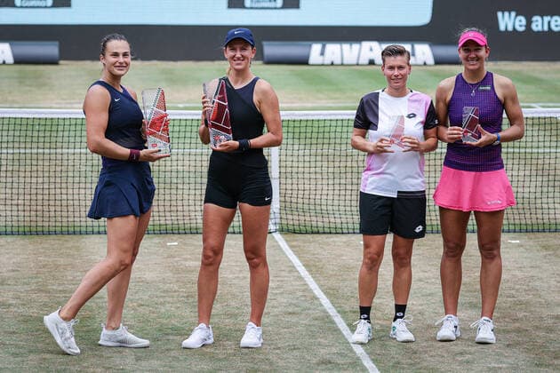 In the picture winners 2021 Aryna SABALENKA BLR and Victoria AZARENKA BLR , runners-up Demi SCHUURS NED and Nicole MELICHAR USA doubles final, bett1open 2021, Berlin, LTTC Rot Weiß Steffi Graf Stadion, 20 06 2021,