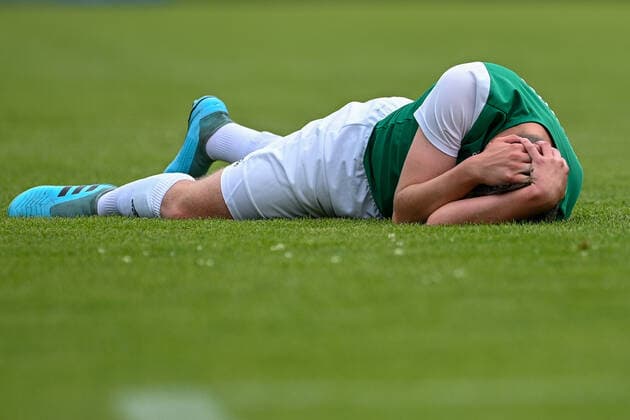 Sebastian Lorz Schweinfurt, 2 lying on the ground, racked with pain after a foul Freisteller, Einzelbild, Aktion, Action, 6 20 2021, Unterhaching Germany , Fussball, Relegation to A Junioren Bundesliga, SpVgg Unterhaching U19 1 FC Schweinfurt 05 U19 xslx