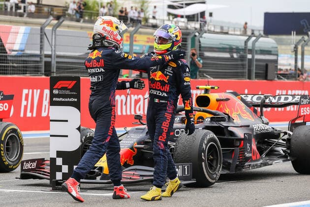 FORMULA 1 FRENCH GRAND PRIX, 20 06 2021 Circuit Paul Ricard, Le Castellet, France on 20 June 2021 Max Verstappen (NED), Red Bull Racing RB16B winner celebrates with Sergio Perez (MEX), Red Bull Racing RB16B third place during the Formula 1 Emirates Grand Prix De France 2021 Editorial Use Only Copyright: xPhilxDuncanx ESM-0022-0061
