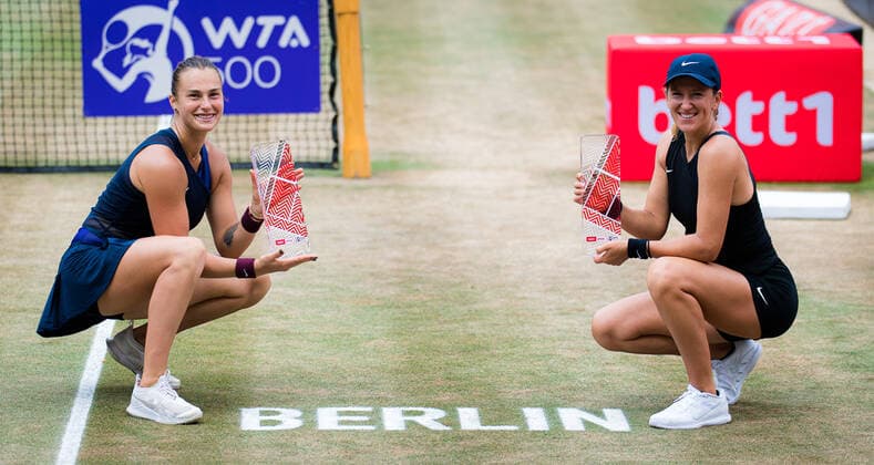 June 20, 2021: Victoria Azarenka & Aryna Sabalenka of Belarus with their trophies after winning the doubles final of the 2021 bett1open WTA, Tennis Damen 500 tennis tournament - ZUMAa181 20210620_zaa_a181_015 Copyright: xRobxPrangex