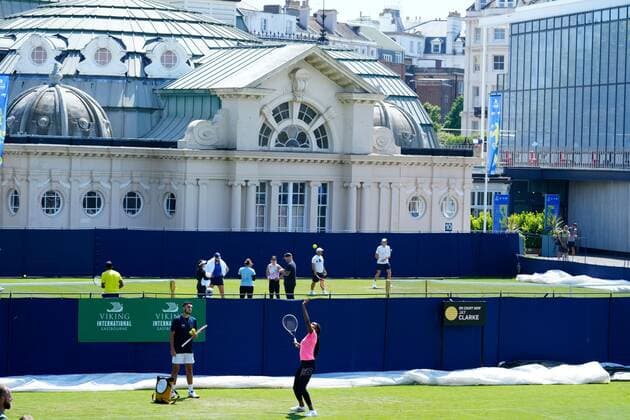 Mandatory Credit: Photo by Dave Shopland BPI Shutterstock (12115545cf) USA s Coco Gauff practice session with Eastbourne Winter Gardens as backdrop Viking International Championships, Day Two, Tennis, Eastbourne, East Sussex, UK - 20 June 2021 EDITORIAL USE ONLY No use with unauthorised audio, video, data, fixture lists, club league logos or live services. Online in-match use limited to 120 images, no video emulation. No use in betting, games or single club league player publications. Viking International Championships, Day Two, Tennis, Eastbourne, East Sussex, UK - 20 June 2021 EDITORIAL USE ONLY No use with unauthorised audio, video, data, fixture lists, club league logos or live services. Online in-match use limited to 120 images, no video emulation. No use in betting, games or single club league player publications. Copyright: xDavexShopland BPI Shutterstockx 12115545cf