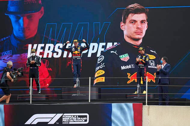 F1 Grand Prix of France (L-R) Lewis Hamilton of Great Britain and Mercedes AMG Petronas F1 Team, Max Verstappen of Netherlands, Sergio Checho Perez of Mexico and Red Bull Racing in the podium after the F1 Grand Prix of France at Circuit Paul Ricard on June 27, 2021 in Le Castellet, France. Le Castellet France breton-f1grandp210620_npSRM  Copyright: xJosexBretonx