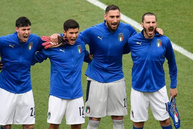 IPP20210620 Football - soccer: UEFA EURO, EM, Europameisterschaft,Fussball 2020 Championship, Italy - Wales (Group A), Leonardo Bonucci, Gianluigi Donnarumma e Matteo Pessina (Verwendung nur in Deutschland - GERMANY ONLY) *** IPP20210620 Football soccer UEFA Euro 2020 Championship, Italy Wales Group A , Leonardo Bonucci, Gianluigi Donnarumma e Matteo Pessina Use only in Germany GERMANY ONLY 