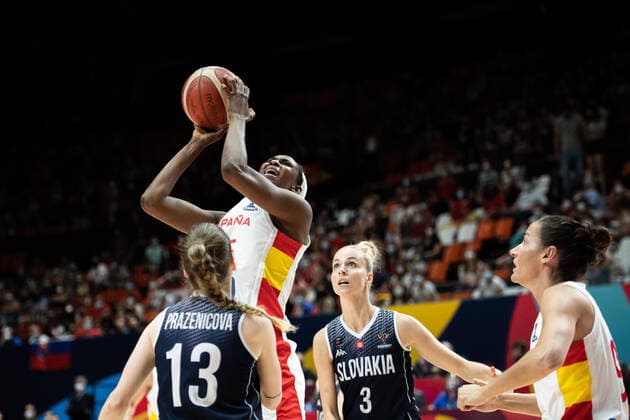 210620 Astou Ndour of Spain during the FIBA Women s Eurobasket match between Spain and Slovakia on June 20, 2021 in Valencia Photo Maxim ThorÃ BILDBYRAN kod MT MT0193 basket basketball national team fiba women s eurobasket basket em spanien spain slovakien slovakia dam bbeng dag 4,  Copyright: MAXIMxTHORE BB210620MT144