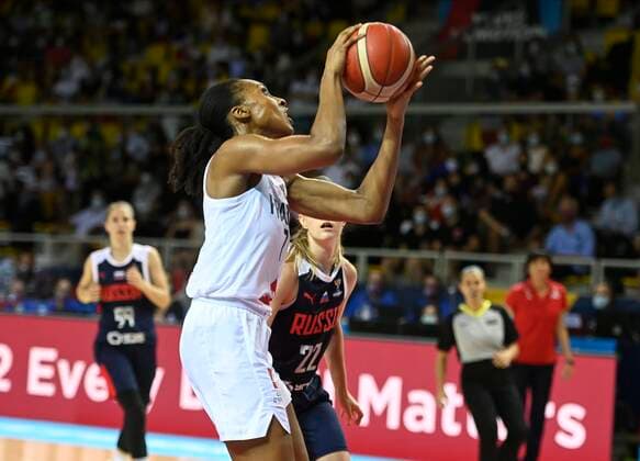 Sandrine Gruda of France pictured during FIBA Women s Eurobasket match between France and Russia on JUNE 20, 2021 in Strasbourg BASKET BALL : France vs Russie - Eurobasket Feminin - 20 06 2021 PhilippeCrochet Panoramic 