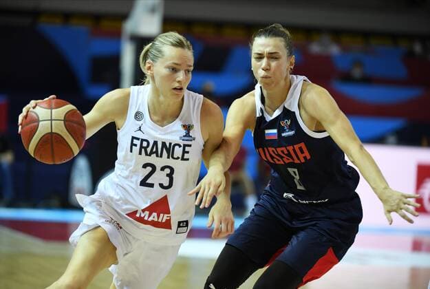 Katerina Fedorenkova of Russia and Marine Johannes of France pictured during FIBA Women s Eurobasket match between France and Russia on JUNE 20, 2021 in Strasbourg BASKET BALL : France vs Russie - Eurobasket Feminin - 20 06 2021 PhilippeCrochet Panoramic 