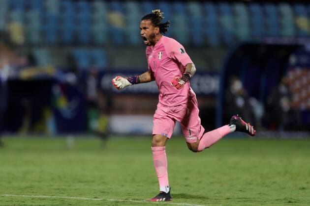 Peru s goalkeeper Pedro Gallese celebrates a goal against Colombia during a match for the Group B of the Copa America at the Pedro Ludovico Teixeira Olympic Stadium in Goiania, Brazil, 20 June 2021. Colombia - Peru !ACHTUNG: NUR REDAKTIONELLE NUTZUNG!  Copyright: xJoedsonxAlvesx AME7391 20210621-637598438480417778
