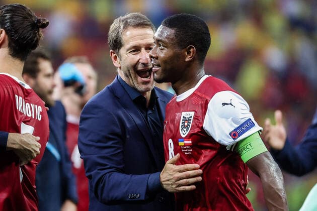 SOCCER - UEFA EURO, EM, Europameisterschaft,Fussball 2020 BUCHAREST,ROMANIA,21.JUN.21 - SOCCER - UEFA European Championship, EM, Europameisterschaft OEFB international match, Länderspiel, Nationalmannschaft Austria vs Ukraine. Image shows the rejoicing of head coach Franco Foda and David Alaba (AUT).  GEPAxpictures xChristianxWalgram