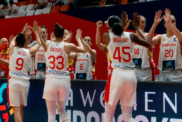 Spain s players react ahead of the Women Eurobasket 2021 game between Spain and Montenegro held at Fuente San Luis arena in Valencia, eastern Spain, 21 June 2021. Spain vs Montenegro !ACHTUNG: NUR REDAKTIONELLE NUTZUNG!  Copyright: xKaixForsterlingx GRAFCVA6334 20210621-9dc4bc6dc7bd43ff0fc907f3166d3fde84ebf265