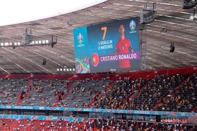 19 06 2021, football, european championship 2020, group match group F, portugal germany, at munich football arena christiano ronaldo portugal on the scoreboard