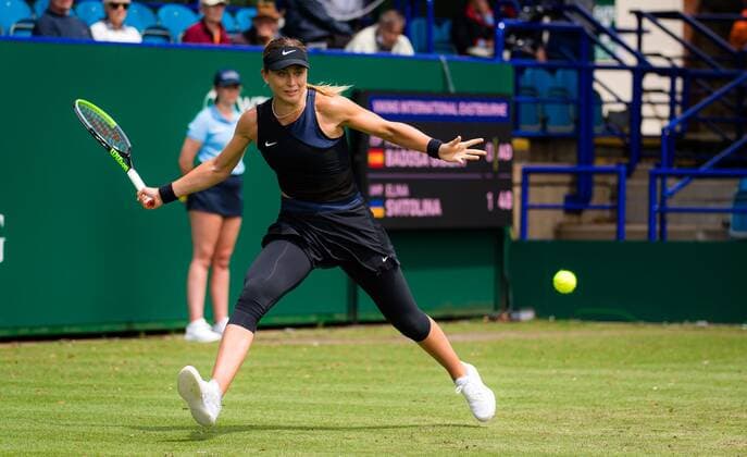 Mandatory Credit: Photo by Rob Prange Shutterstock (12163992g) Paula Badosa of Spain in action during her first round match at the 2021 Viking International WTA, Tennis Damen 500 tennis tournament Viking International Championships, Day Four, Tennis, Eastbourne, East Sussex, UK - 22 June 2021 EDITORIAL USE ONLY No use with unauthorised audio, video, data, fixture lists, club league logos or live services. Online in-match use limited to 120 images, no video emulation. No use in betting, games or single club league player publications. Viking International Championships, Day Four, Tennis, Eastbourne, East Sussex, UK - 22 June 2021 EDITORIAL USE ONLY No use with unauthorised audio, video, data, fixture lists, club league logos or live services. Online in-match use limited to 120 images, no video emulation. No use in betting, games or single club league player publications. Copyright: xRobxPrange Shutterstockx 12163992g