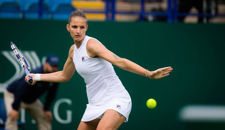 Mandatory Credit: Photo by Rob Prange Shutterstock (12163992be) Karolina Pliskova of the Czech Republic in action during her first round match at the 2021 Viking International WTA, Tennis Damen 500 tennis tournament Viking International Championships, Day Four, Tennis, Eastbourne, East Sussex, UK - 22 June 2021 EDITORIAL USE ONLY No use with unauthorised audio, video, data, fixture lists, club league logos or live services. Online in-match use limited to 120 images, no video emulation. No use in betting, games or single club league player publications. Viking International Championships, Day Four, Tennis, Eastbourne, East Sussex, UK - 22 June 2021 EDITORIAL USE ONLY No use with unauthorised audio, video, data, fixture lists, club league logos or live services. Online in-match use limited to 120 images, no video emulation. No use in betting, games or single club league player publications. Copyright: xRobxPrange Shutterstockx 12163992be