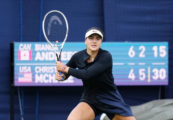 Mandatory Credit: Photo by Dave Shopland BPI Shutterstock (12163770bp) Canada s Bianca Andreescu celebrates match point Viking International Championships, Day Four, Tennis, Eastbourne, East Sussex, UK - 22 June 2021 EDITORIAL USE ONLY No use with unauthorised audio, video, data, fixture lists, club league logos or live services. Online in-match use limited to 120 images, no video emulation. No use in betting, games or single club league player publications. Viking International Championships, Day Four, Tennis, Eastbourne, East Sussex, UK - 22 June 2021 EDITORIAL USE ONLY No use with unauthorised audio, video, data, fixture lists, club league logos or live services. Online in-match use limited to 120 images, no video emulation. No use in betting, games or single club league player publications. Copyright: xDavexShopland BPI Shutterstockx 12163770bp