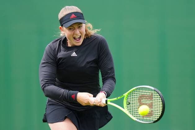 Mandatory Credit: Photo by Dave Shopland BPI Shutterstock (12163770aw) Jelena Ostapenko action Viking International Championships, Day Four, Tennis, Eastbourne, East Sussex, UK - 22 June 2021 EDITORIAL USE ONLY No use with unauthorised audio, video, data, fixture lists, club league logos or live services. Online in-match use limited to 120 images, no video emulation. No use in betting, games or single club league player publications. Viking International Championships, Day Four, Tennis, Eastbourne, East Sussex, UK - 22 June 2021 EDITORIAL USE ONLY No use with unauthorised audio, video, data, fixture lists, club league logos or live services. Online in-match use limited to 120 images, no video emulation. No use in betting, games or single club league player publications. Copyright: xDavexShopland BPI Shutterstockx 12163770aw