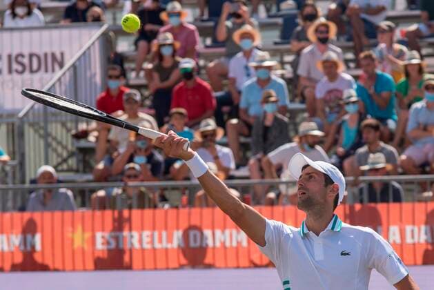Serbian tennis player Novak Djokovic in action during his double match with teammate Carlos Gomez-Herrera of Spain against Tomislav Brkic of Bosnia and Nikola Cacic of Serbia, during their Mallorca Championships ATP, Tennis Herren 250 tennis tournament s double match held at Mallorca Country Club in Santa Ponca, Mallorca, Balearic islands, Spain, 22 June 2021. Mallorca Championships ATP 250 tennis tournament !ACHTUNG: NUR REDAKTIONELLE NUTZUNG!  Copyright: xATIENZAx GRAF5810 20210622-a8d9c245621b00ca4705178636653889fdedde85