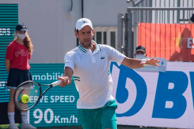 Serbian tennis player Novak Djokovic in action during his double match with teammate Carlos Gomez-Herrera of Spain against Tomislav Brkic of Bosnia and Nikola Cacic of Serbia, during their Mallorca Championships ATP, Tennis Herren 250 tennis tournament s double match held at Mallorca Country Club in Santa Ponca, Mallorca, Balearic islands, Spain, 22 June 2021. Mallorca Championships ATP 250 tennis tournament !ACHTUNG: NUR REDAKTIONELLE NUTZUNG!  Copyright: xATIENZAx GRAF5809 20210622-babfd3ca2cb5b646f4d622fa3517f1747138e58d