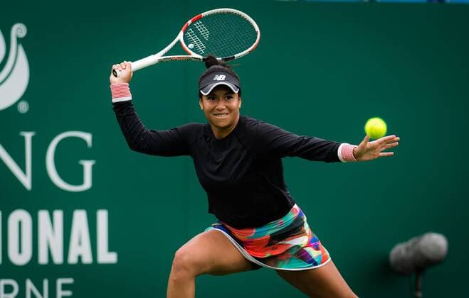Mandatory Credit: Photo by Rob Prange Shutterstock (12163992dc) Heather Watson of Great Britain in action during the first round at the 2021 Viking International WTA, Tennis Damen 500 tennis tournament Viking International Championships, Day Four, Tennis, Eastbourne, East Sussex, UK - 22 June 2021 EDITORIAL USE ONLY No use with unauthorised audio, video, data, fixture lists, club league logos or live services. Online in-match use limited to 120 images, no video emulation. No use in betting, games or single club league player publications. Viking International Championships, Day Four, Tennis, Eastbourne, East Sussex, UK - 22 June 2021 EDITORIAL USE ONLY No use with unauthorised audio, video, data, fixture lists, club league logos or live services. Online in-match use limited to 120 images, no video emulation. No use in betting, games or single club league player publications.  Copyright: xRobxPrange Shutterstockx 12163992dc