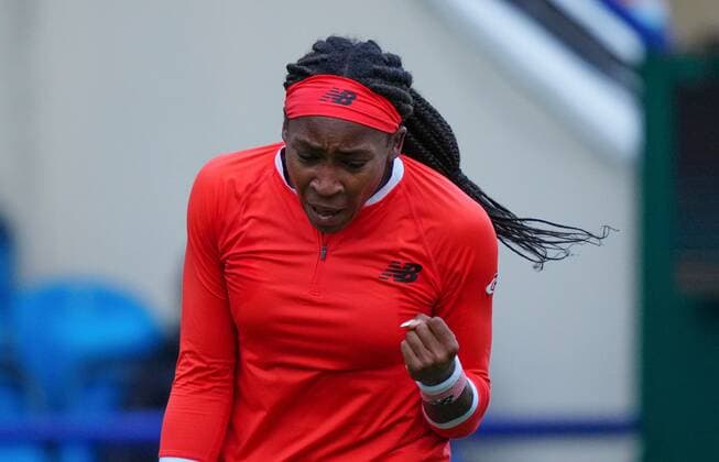 Mandatory Credit: Photo by Dave Shopland BPI Shutterstock (12163770eb) USA s Coco Gauff celebrates Viking International Championships, Day Four, Tennis, Eastbourne, East Sussex, UK - 22 June 2021 EDITORIAL USE ONLY No use with unauthorised audio, video, data, fixture lists, club league logos or live services. Online in-match use limited to 120 images, no video emulation. No use in betting, games or single club league player publications. Viking International Championships, Day Four, Tennis, Eastbourne, East Sussex, UK - 22 June 2021 EDITORIAL USE ONLY No use with unauthorised audio, video, data, fixture lists, club league logos or live services. Online in-match use limited to 120 images, no video emulation. No use in betting, games or single club league player publications.  Copyright: xDavexShopland BPI Shutterstockx 12163770eb