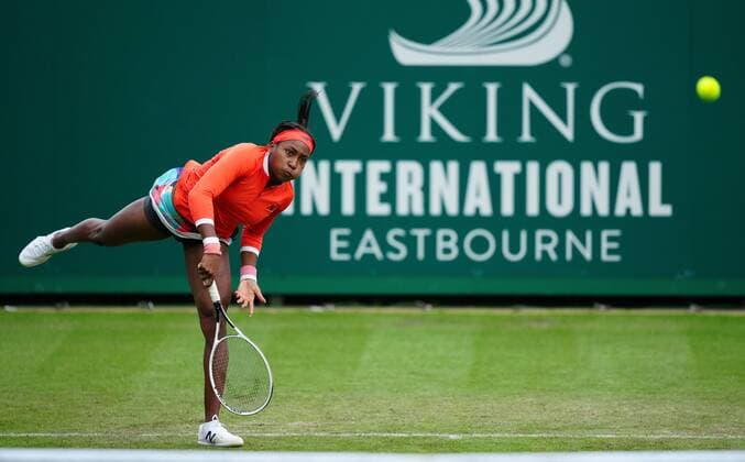 Mandatory Credit: Photo by Dave Shopland BPI Shutterstock (12163770ec) USA s Coco Gauff action Viking International Championships, Day Four, Tennis, Eastbourne, East Sussex, UK - 22 June 2021 EDITORIAL USE ONLY No use with unauthorised audio, video, data, fixture lists, club league logos or live services. Online in-match use limited to 120 images, no video emulation. No use in betting, games or single club league player publications. Viking International Championships, Day Four, Tennis, Eastbourne, East Sussex, UK - 22 June 2021 EDITORIAL USE ONLY No use with unauthorised audio, video, data, fixture lists, club league logos or live services. Online in-match use limited to 120 images, no video emulation. No use in betting, games or single club league player publications.  Copyright: xDavexShopland BPI Shutterstockx 12163770ec
