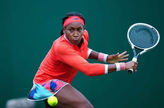 Mandatory Credit: Photo by Dave Shopland BPI Shutterstock (12163770dv) USA s Coco Gauff action Viking International Championships, Day Four, Tennis, Eastbourne, East Sussex, UK - 22 June 2021 EDITORIAL USE ONLY No use with unauthorised audio, video, data, fixture lists, club league logos or live services. Online in-match use limited to 120 images, no video emulation. No use in betting, games or single club league player publications. Viking International Championships, Day Four, Tennis, Eastbourne, East Sussex, UK - 22 June 2021 EDITORIAL USE ONLY No use with unauthorised audio, video, data, fixture lists, club league logos or live services. Online in-match use limited to 120 images, no video emulation. No use in betting, games or single club league player publications.  Copyright: xDavexShopland BPI Shutterstockx 12163770dv