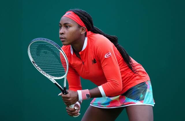 Mandatory Credit: Photo by Dave Shopland BPI Shutterstock (12163770ds) USA s Coco Gauff action Viking International Championships, Day Four, Tennis, Eastbourne, East Sussex, UK - 22 June 2021 EDITORIAL USE ONLY No use with unauthorised audio, video, data, fixture lists, club league logos or live services. Online in-match use limited to 120 images, no video emulation. No use in betting, games or single club league player publications. Viking International Championships, Day Four, Tennis, Eastbourne, East Sussex, UK - 22 June 2021 EDITORIAL USE ONLY No use with unauthorised audio, video, data, fixture lists, club league logos or live services. Online in-match use limited to 120 images, no video emulation. No use in betting, games or single club league player publications.  Copyright: xDavexShopland BPI Shutterstockx 12163770ds