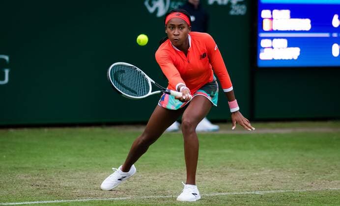 Mandatory Credit: Photo by Rob Prange Shutterstock (12163992eu) Cori Gauff of the United States in action during the first round at the 2021 Viking International WTA, Tennis Damen 500 tennis tournament Viking International Championships, Day Four, Tennis, Eastbourne, East Sussex, UK - 22 June 2021 EDITORIAL USE ONLY No use with unauthorised audio, video, data, fixture lists, club league logos or live services. Online in-match use limited to 120 images, no video emulation. No use in betting, games or single club league player publications. Viking International Championships, Day Four, Tennis, Eastbourne, East Sussex, UK - 22 June 2021 EDITORIAL USE ONLY No use with unauthorised audio, video, data, fixture lists, club league logos or live services. Online in-match use limited to 120 images, no video emulation. No use in betting, games or single club league player publications.  Copyright: xRobxPrange Shutterstockx 12163992eu
