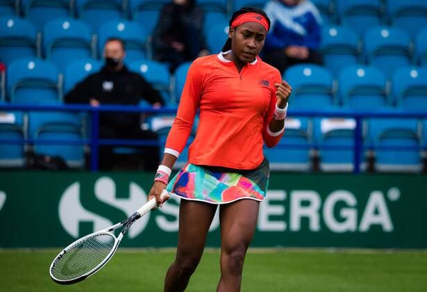 Mandatory Credit: Photo by Rob Prange Shutterstock (12163992fd) Cori Gauff of the United States in action during the first round at the 2021 Viking International WTA, Tennis Damen 500 tennis tournament Viking International Championships, Day Four, Tennis, Eastbourne, East Sussex, UK - 22 June 2021 EDITORIAL USE ONLY No use with unauthorised audio, video, data, fixture lists, club league logos or live services. Online in-match use limited to 120 images, no video emulation. No use in betting, games or single club league player publications. Viking International Championships, Day Four, Tennis, Eastbourne, East Sussex, UK - 22 June 2021 EDITORIAL USE ONLY No use with unauthorised audio, video, data, fixture lists, club league logos or live services. Online in-match use limited to 120 images, no video emulation. No use in betting, games or single club league player publications.  Copyright: xRobxPrange Shutterstockx 12163992fd