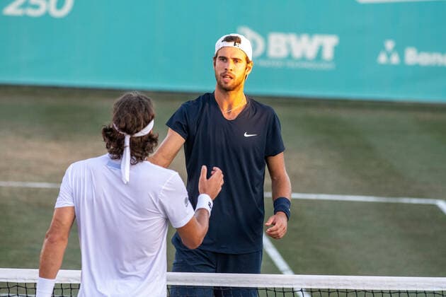 20210622 Mallorca Championships 2021 SANTA PONSA, SPAIN JUNE 22 2021 Karen Khachanov of Russia and Feliciano Lopez of Spain at Mallorca Championships 2021 on June 22, 2021 in Santa Ponsa, Santa Ponsa Baleares Spain