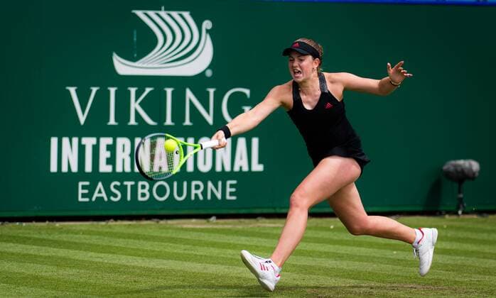 Mandatory Credit: Photo by Rob Prange Shutterstock (12165838e) Jelena Ostapenko of Latvia in action during the second round at the 2021 Viking International WTA, Tennis Damen 500 tennis tournament Viking International Championships, Day Five, Tennis, Eastbourne, East Sussex, UK - 23 June 2021 Viking International Championships, Day Five, Tennis, Eastbourne, East Sussex, UK - 23 June 2021 Copyright: xRobxPrange Shutterstockx 12165838e
