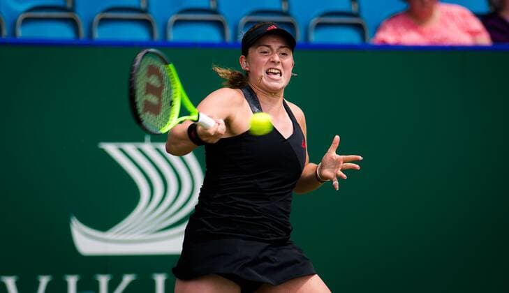 Mandatory Credit: Photo by Rob Prange Shutterstock (12165838a) Jelena Ostapenko of Latvia in action during the second round at the 2021 Viking International WTA, Tennis Damen 500 tennis tournament Viking International Championships, Day Five, Tennis, Eastbourne, East Sussex, UK - 23 June 2021 Viking International Championships, Day Five, Tennis, Eastbourne, East Sussex, UK - 23 June 2021 Copyright: xRobxPrange Shutterstockx 12165838a