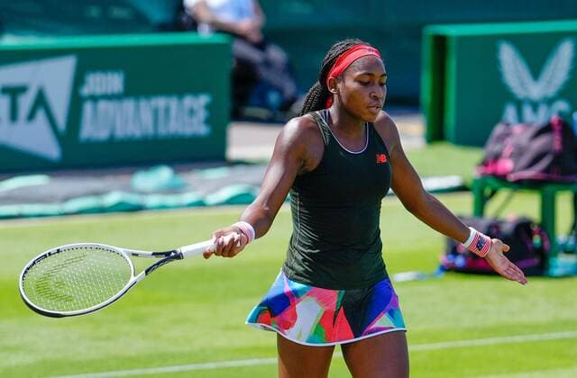 Mandatory Credit: Photo by Dave Shopland BPI Shutterstock (12165746ay) USA s Coco Gauff shows her frustration in 3 set defeat Viking International Championships, Day Five, Tennis, Eastbourne, East Sussex, UK - 23 June 2021 Viking International Championships, Day Five, Tennis, Eastbourne, East Sussex, UK - 23 June 2021 Copyright: xDavexShopland BPI Shutterstockx 12165746ay