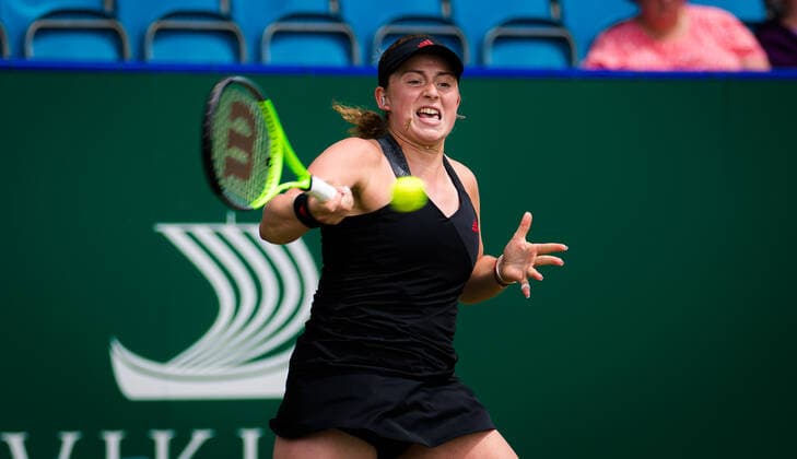 June 23, 2021, EASTBOURNE, GREAT BRITAIN: Jelena Ostapenko of Latvia in action during the second round at the 2021 Viking International WTA, Tennis Damen 500 tennis tournament against Ons Jabeur of Tunisia EASTBOURNE GREAT BRITAIN - ZUMAa181 20210623_zaa_a181_009 Copyright: xRobxPrangex