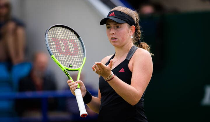 June 23, 2021, EASTBOURNE, GREAT BRITAIN: Jelena Ostapenko of Latvia in action during the second round at the 2021 Viking International WTA, Tennis Damen 500 tennis tournament against Ons Jabeur of Tunisia EASTBOURNE GREAT BRITAIN - ZUMAa181 20210623_zaa_a181_011 Copyright: xRobxPrangex