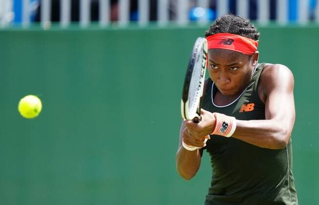 Mandatory Credit: Photo by Dave Shopland BPI Shutterstock (12165746cc) USA s Coco Gauff action Viking International Championships, Day Five, Tennis, Eastbourne, East Sussex, UK - 23 June 2021 Viking International Championships, Day Five, Tennis, Eastbourne, East Sussex, UK - 23 June 2021 Copyright: xDavexShopland BPI Shutterstockx 12165746cc
