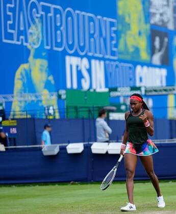 Mandatory Credit: Photo by Dave Shopland BPI Shutterstock (12165746dt) USA s Coco Gauff action Viking International Championships, Day Five, Tennis, Eastbourne, East Sussex, UK - 23 June 2021 Viking International Championships, Day Five, Tennis, Eastbourne, East Sussex, UK - 23 June 2021 Copyright: xDavexShopland BPI Shutterstockx 12165746dt