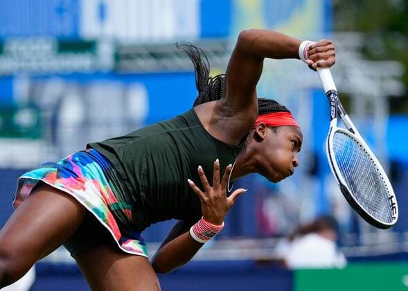 Mandatory Credit: Photo by Dave Shopland BPI Shutterstock (12165746dl) USA s Coco Gauff action Viking International Championships, Day Five, Tennis, Eastbourne, East Sussex, UK - 23 June 2021 Viking International Championships, Day Five, Tennis, Eastbourne, East Sussex, UK - 23 June 2021 Copyright: xDavexShopland BPI Shutterstockx 12165746dl