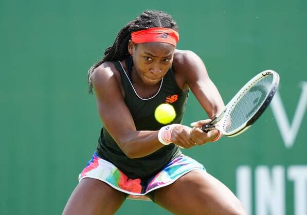 Mandatory Credit: Photo by Dave Shopland BPI Shutterstock (12165746dc) USA s Coco Gauff action Viking International Championships, Day Five, Tennis, Eastbourne, East Sussex, UK - 23 June 2021 Viking International Championships, Day Five, Tennis, Eastbourne, East Sussex, UK - 23 June 2021 Copyright: xDavexShopland BPI Shutterstockx 12165746dc