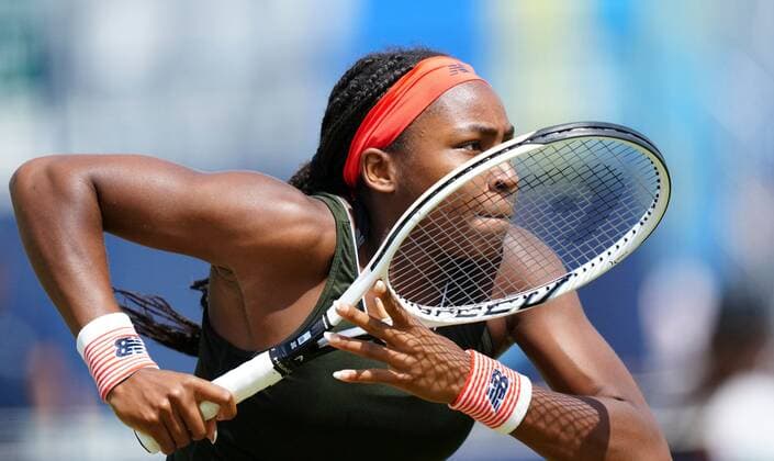 Mandatory Credit: Photo by Dave Shopland BPI Shutterstock (12165746cn) USA s Coco Gauff action Viking International Championships, Day Five, Tennis, Eastbourne, East Sussex, UK - 23 June 2021 Viking International Championships, Day Five, Tennis, Eastbourne, East Sussex, UK - 23 June 2021 Copyright: xDavexShopland BPI Shutterstockx 12165746cn