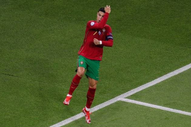 Budapest, Hungary, June 23th 2021: Cristiano Ronaldo (7 Portugal) celebrates scoring the goal from the penaly spot during the EURO 2020 European Championship, EM, Europameisterschaft football match between Portugal and France at Puskas Ar? na in Budagpest, Hungary. European Championship Euro 2020 -Portugal v France 