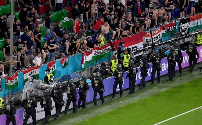 FOOTBALL Euro 2021 GROUP C match 36 in Munich Germany Hungary 23 06 2021 Police take up position in front of Hungarian fan section