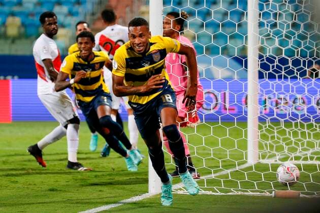 Ayrton Preciado of Ecuador celebrates a goal against Peru today, during a match for Group B of the Copa America at the Pedro Ludovico Teixeira Olympic Stadium in Goiania, Brazil, 23 June 2021. Ecuador - Peru !ACHTUNG: NUR REDAKTIONELLE NUTZUNG!  Copyright: xALbertoxValdesx AME7991 20210623-1a4ee878f27ba256f3379b0ce1453a9c413cc9f4