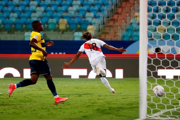 Andre Carrillo of Peru celebrates a goal today, during a match for Group B of the Copa America at the Pedro Ludovico Teixeira Olympic Stadium in Goiania, Brazil, 23 June 2021. Ecuador - Peru !ACHTUNG: NUR REDAKTIONELLE NUTZUNG!  Copyright: xAlbertoxValdesx AME8008 20210623-271152c959d1af2c6d65ba6226d8c474e3698eec